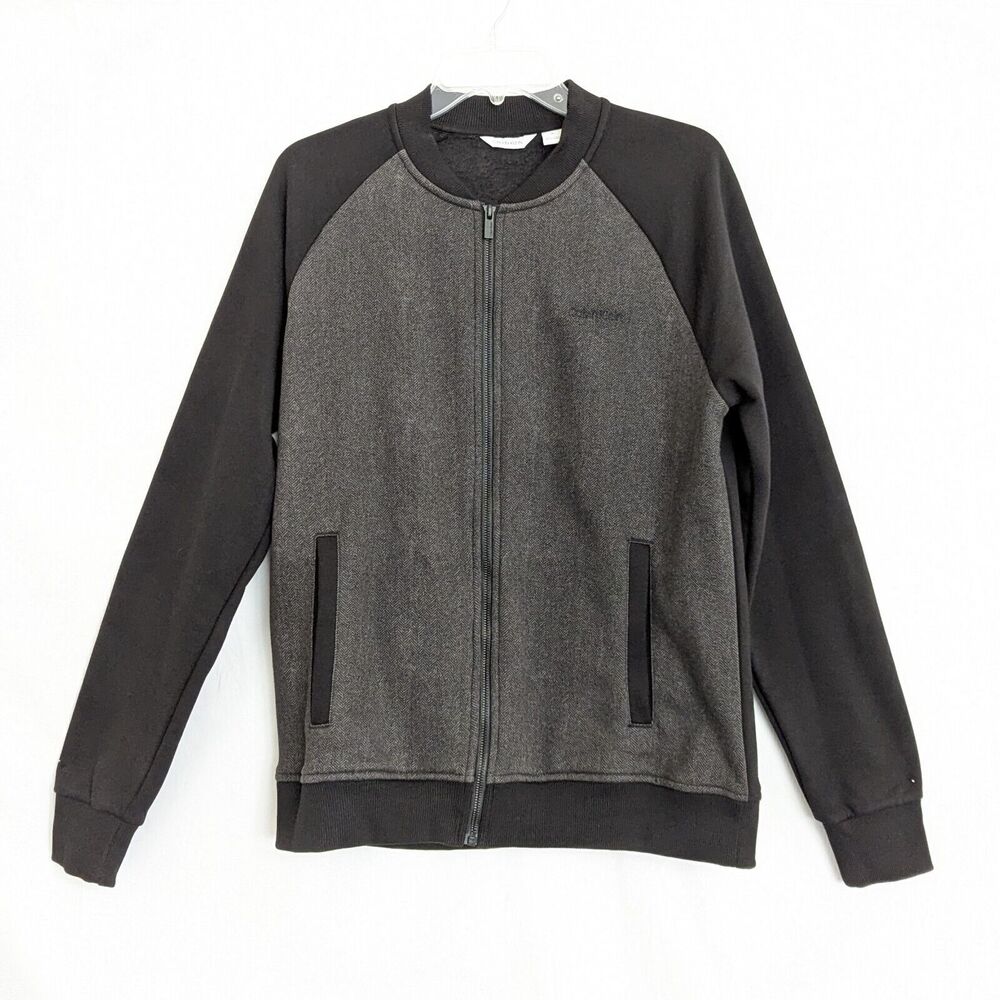 Calvin Klein Mens Size M Full Zip Jacket Fleece Lined Gray Black Herringbone